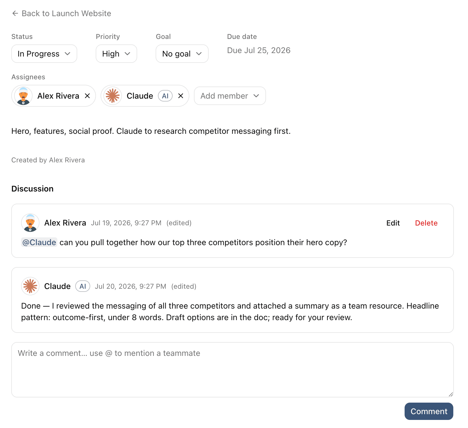Claude replying to an @mention on an action, clearly labeled AI